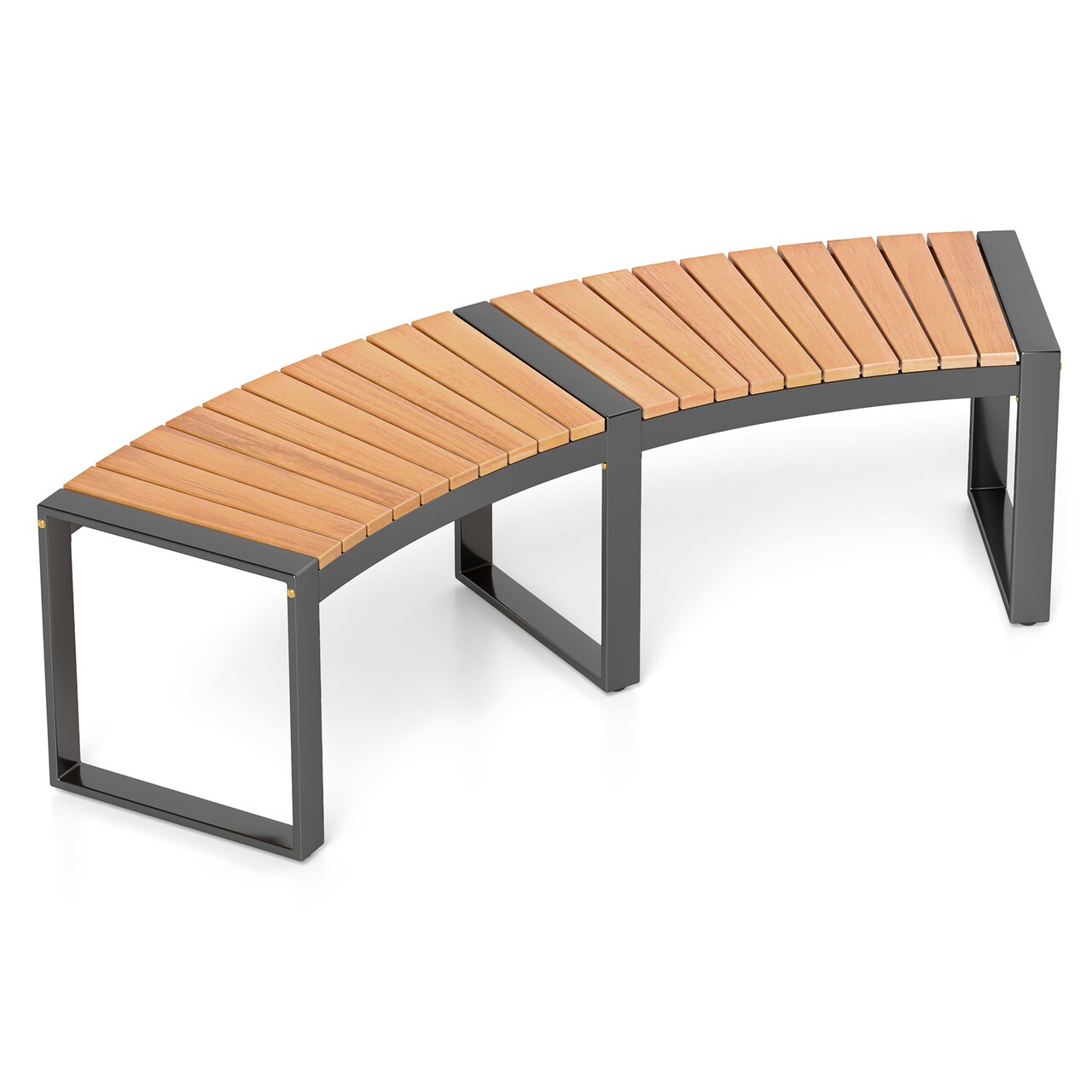 Yellow Patio Wooden Curved Bench with Slatted Seat and Black Metal Legs Perfect for Outdoor
